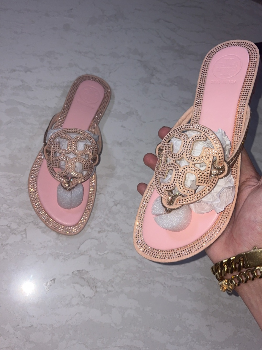 Tory Burch Pink Crystal-Embellished Miller Thong Sandals